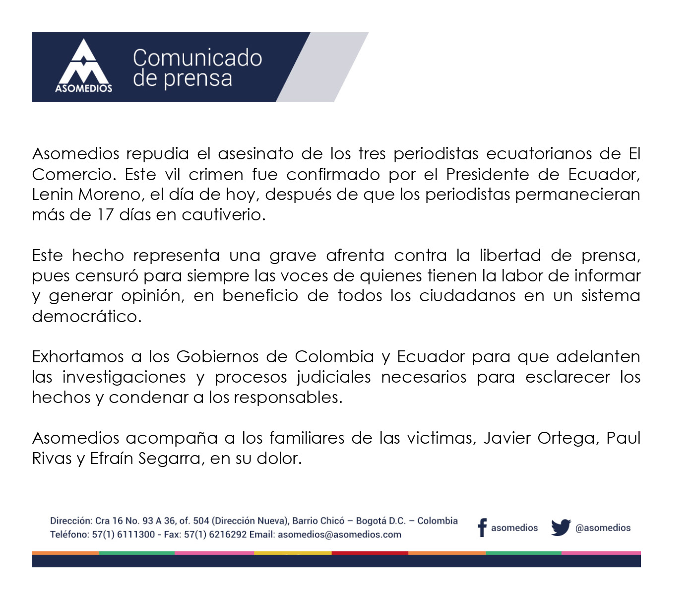 COMUNICADO DE PRENSA RESPECTO AL ASESINATO DE LOS 3 PERIODISTAS DE ECUADOR