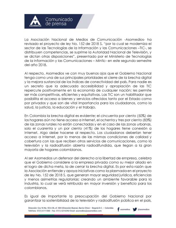 Comunicado de Prensa frente al proyecto de ley 152/18 S, sobre modernización del sector TIC