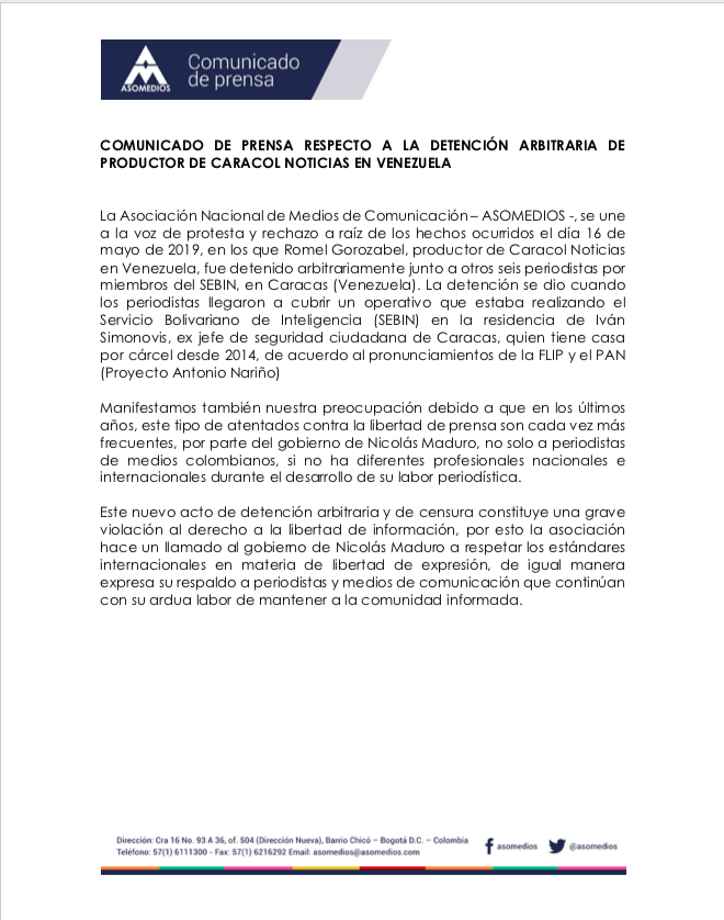 Comunicado de prensa respecto a la detención arbitraria de productor de Caracol Noticias en Venezuela